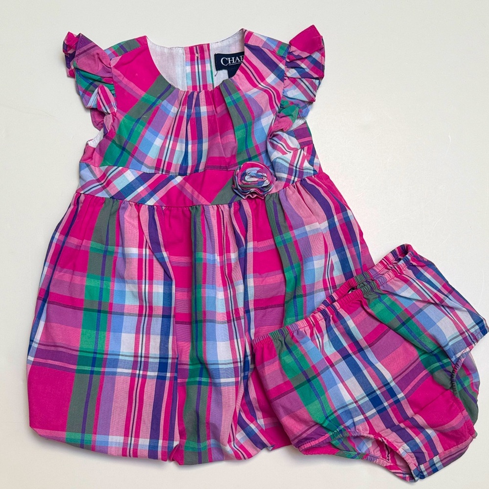Chaps Plaid Dress & Bloomer in Pink, Green & Blue Plaid | 12 months